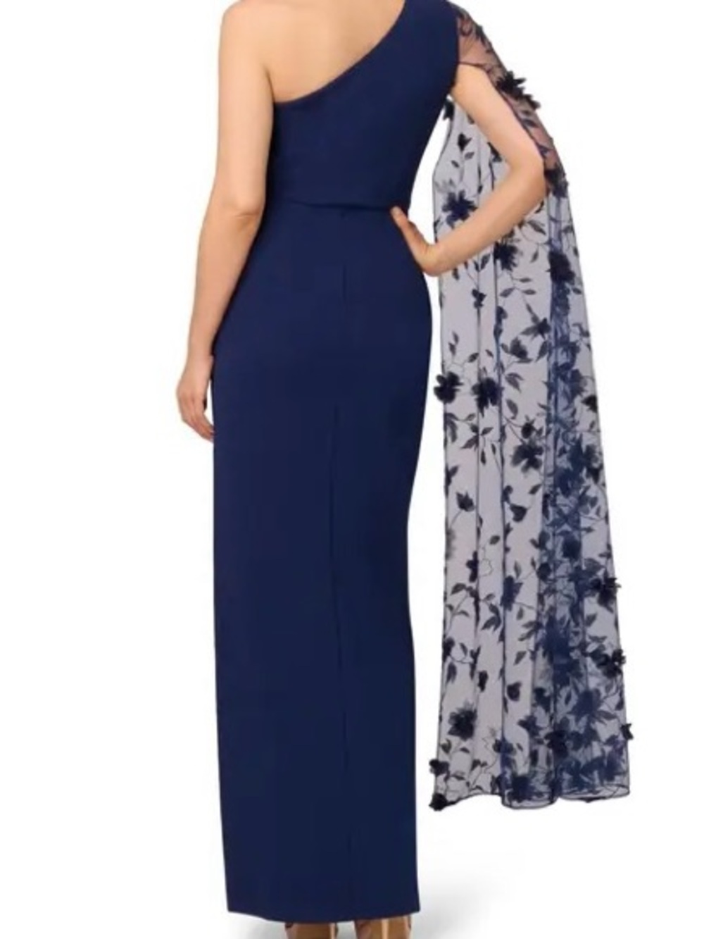 NWT Adrianna Papell Navy One-Shoulder Evening Gown with Floral Appliqué Cape - Picture 2 of 6